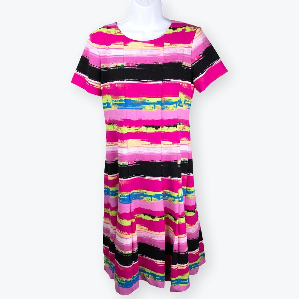 Tahari ASL Hot Pink Striped Scuba Pleated Fit-and-Flare Dress 4